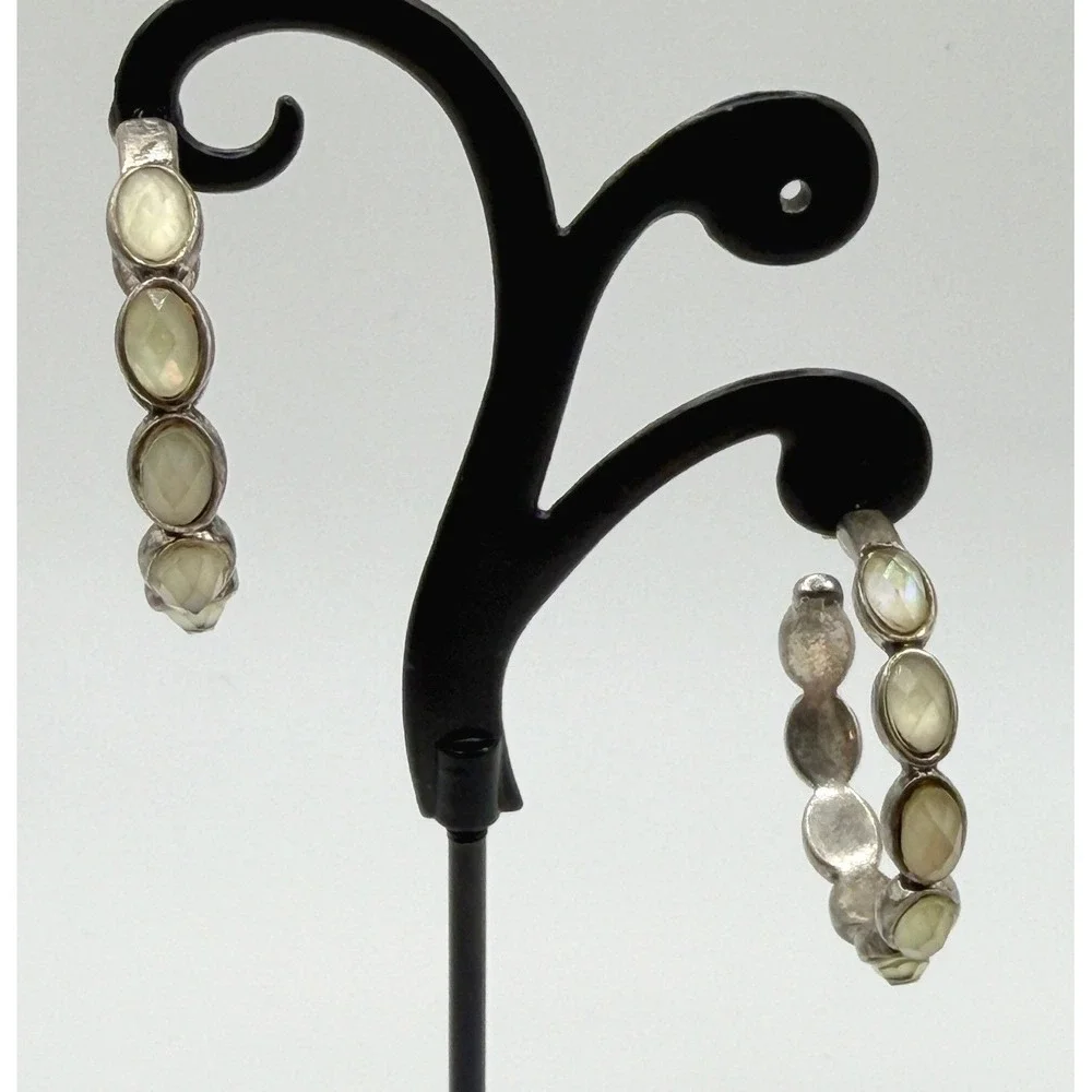 Silver Tone Hoop Earrings w Faceted‎ Clear Glass 1.25